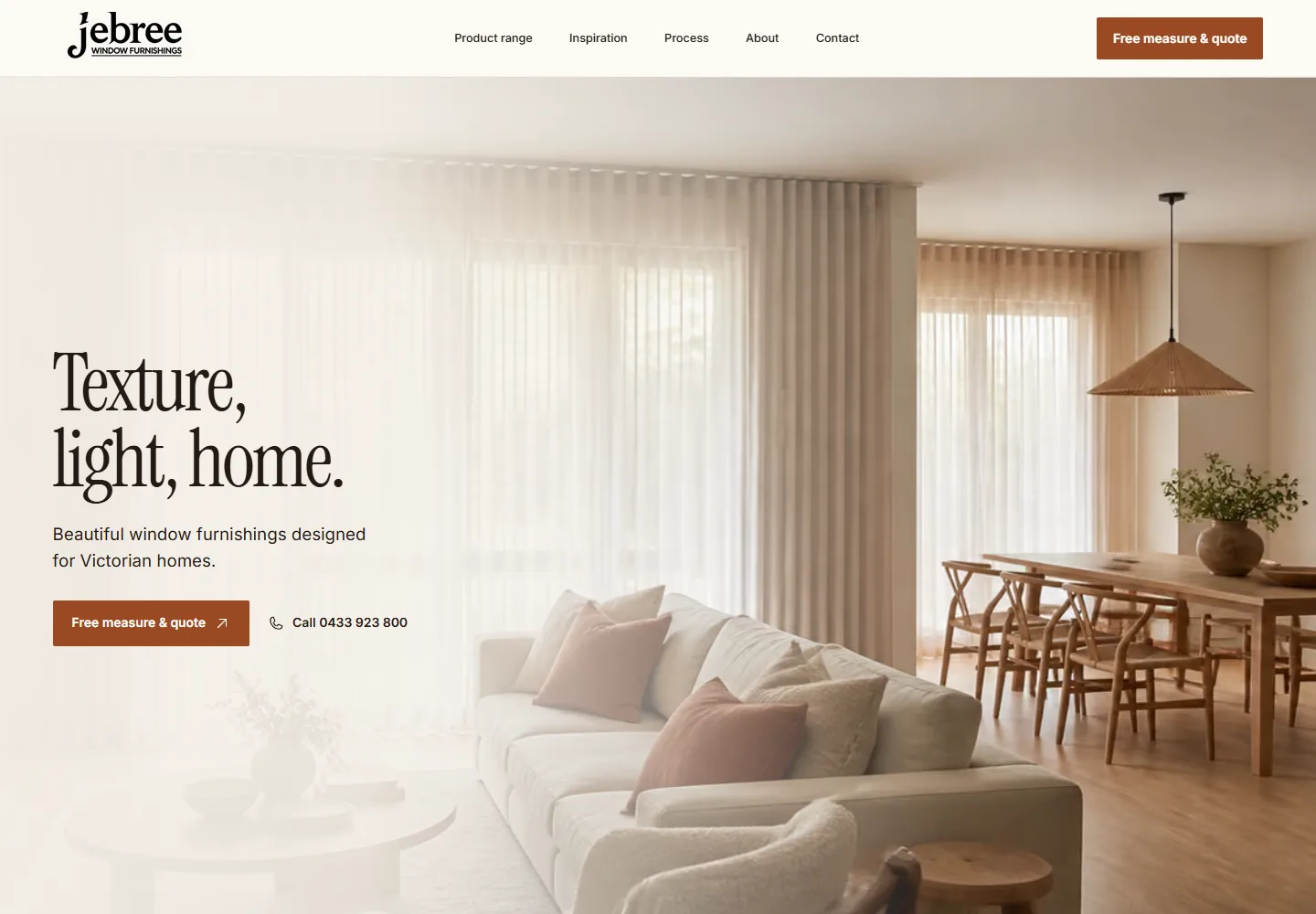 Jebree Window Furnishings website, featuring sheer curtains in a warm living room
